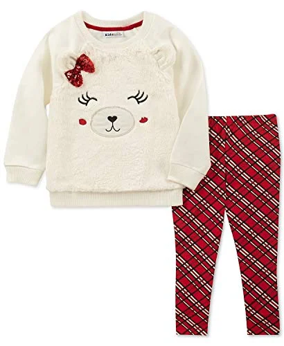 Baby Girls 2-Pc. Faux-Fur Bear Top & Plaid Leggings Set