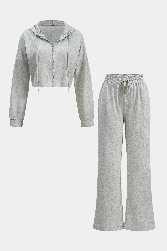 Drawstring Zipper Hoodie Top And Wide Leg Trousers Set