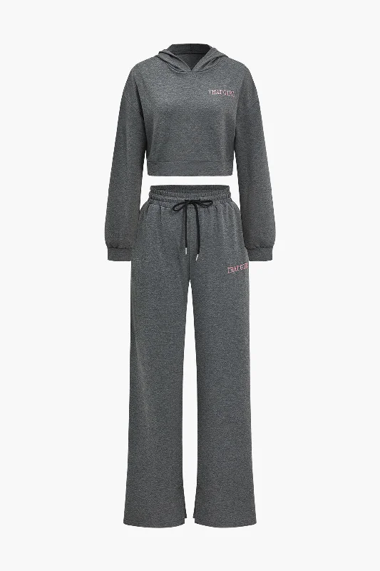 Letter Embroidery Hooded Top And Tie-Up Trousers Set