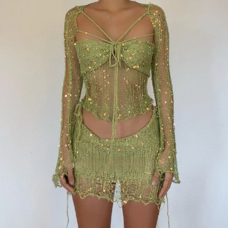 Sexy Sequin Ripped Crochet Knit Shrug Tube Top and Low Rise Skirt Matching Set