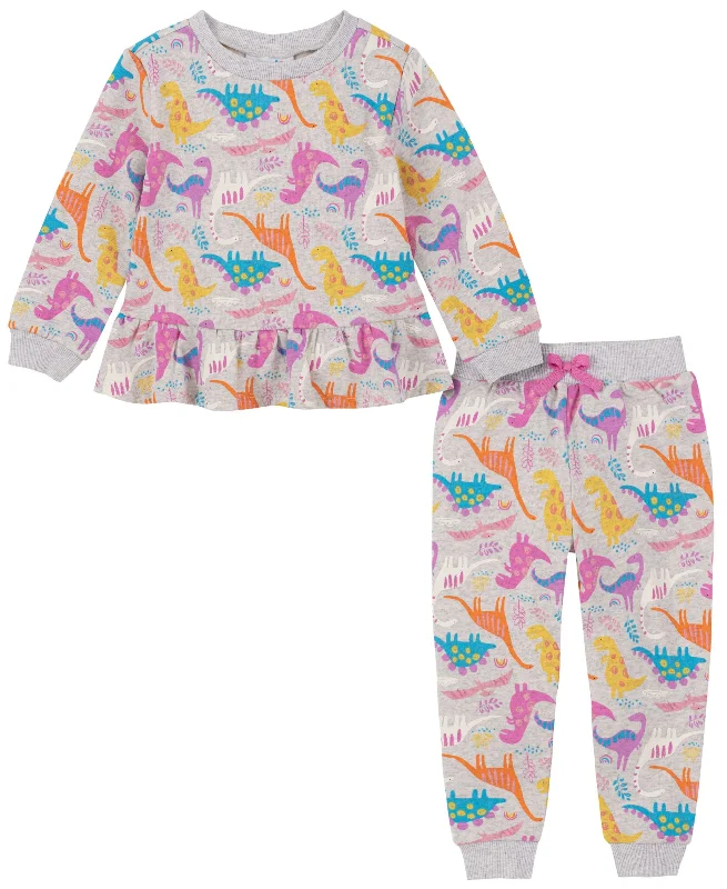 Little Girls Dino Print Fleece Sweatshirt Joggers Set