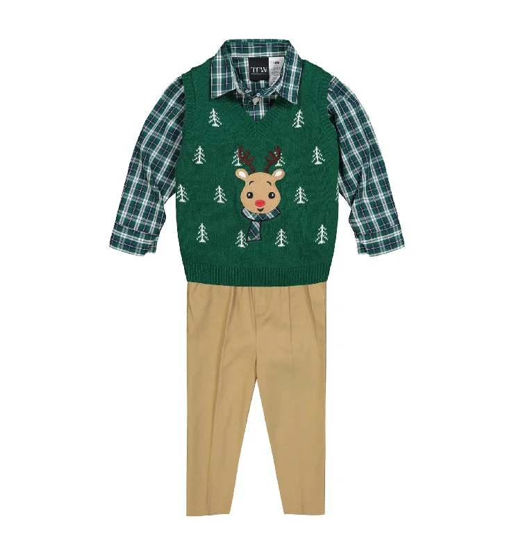 Tfw Baby Boys Reindeer Sweater Vest Shirt Pant 3 Piece Set