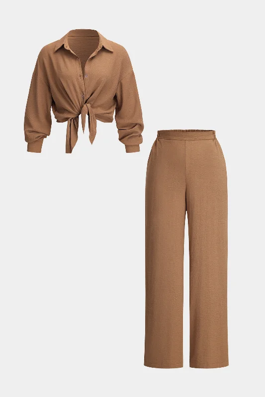 Button Long Sleeve Shirt  And Wide Leg Trousers Set