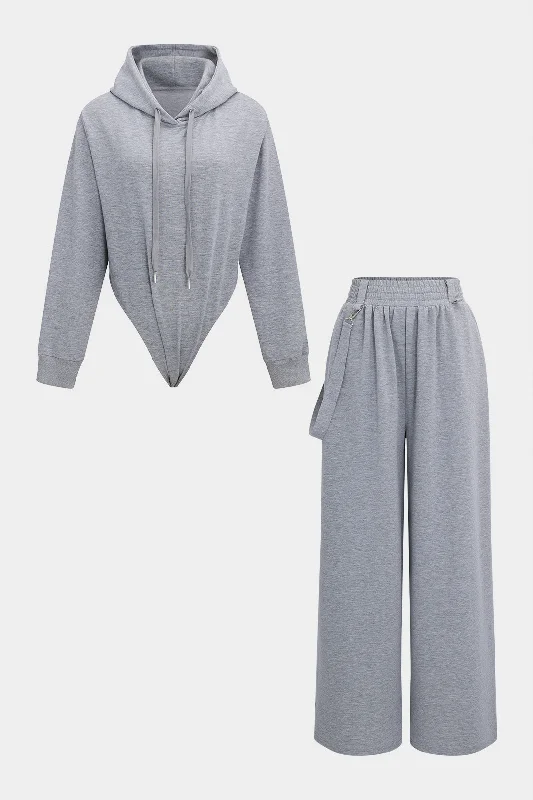 Drawstrings Hooded Long-Sleeve Top And Trousers Set