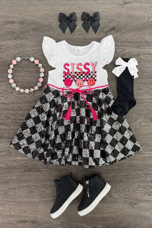 "Sissy" Sequin Checkered Print Dress