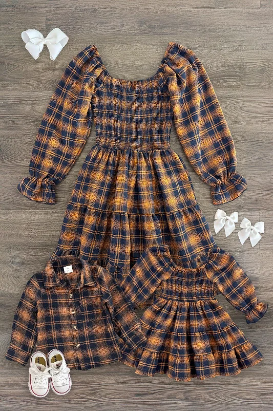 Mom & Kid - Navy & Rust Plaid Dress & Shirt