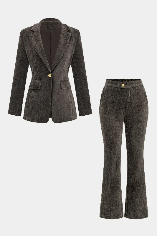 Notched Lapel Fake Button Pocket Blazer And Flared Leg Trousers Set