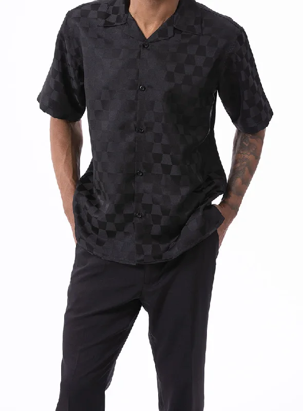 Black Tone on Tone Check Walking Suit 2 Piece Short Sleeve Set