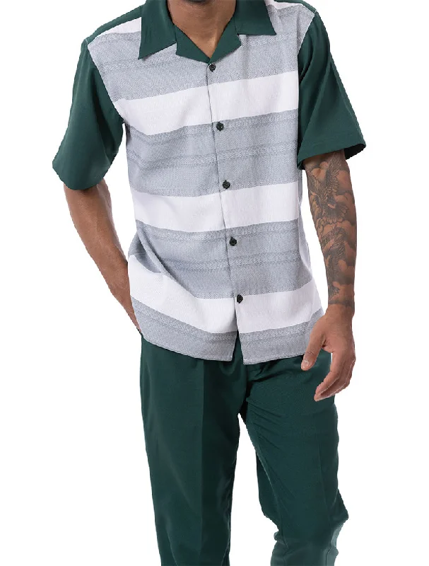 Emerald Green Horizontal Stripes Design 2 Piece Short Sleeve Walking Suit Set