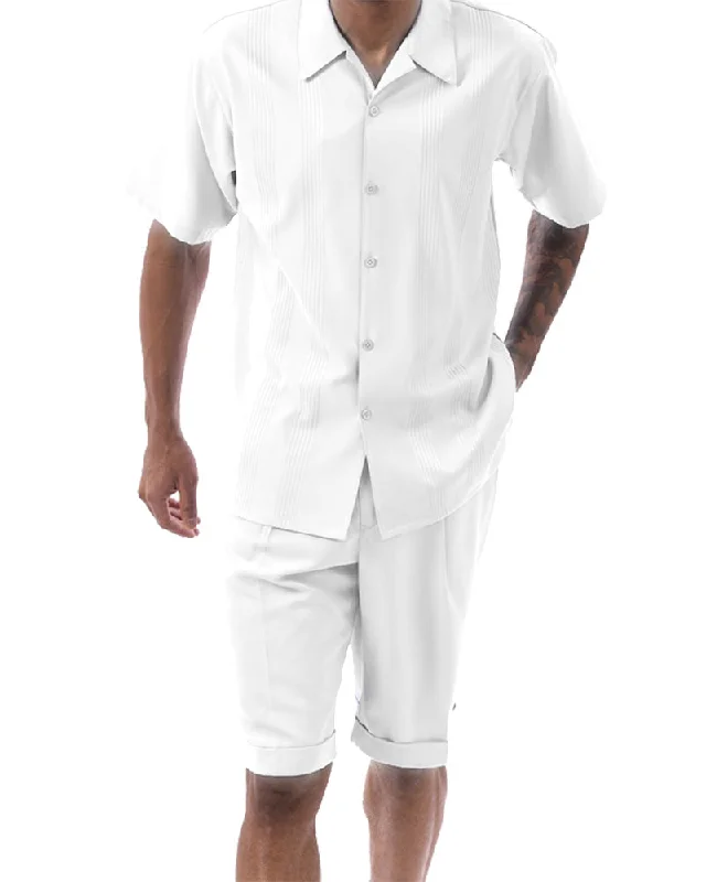 (L) White Tone on Tone Vertical Stripes Walking Suit 2 Piece Short Sleeve Set with Shorts