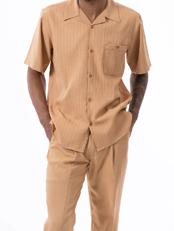 Tan Tone on Tone Striped Walking Suit 2 Piece Short Sleeve Set