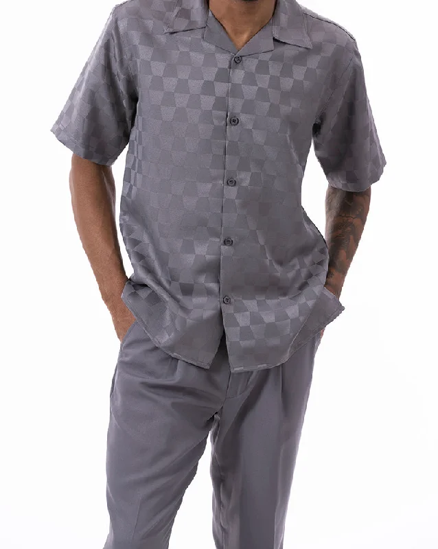 (L, 2XL) Gray Tone on Tone Check Walking Suit 2 Piece Short Sleeve Set