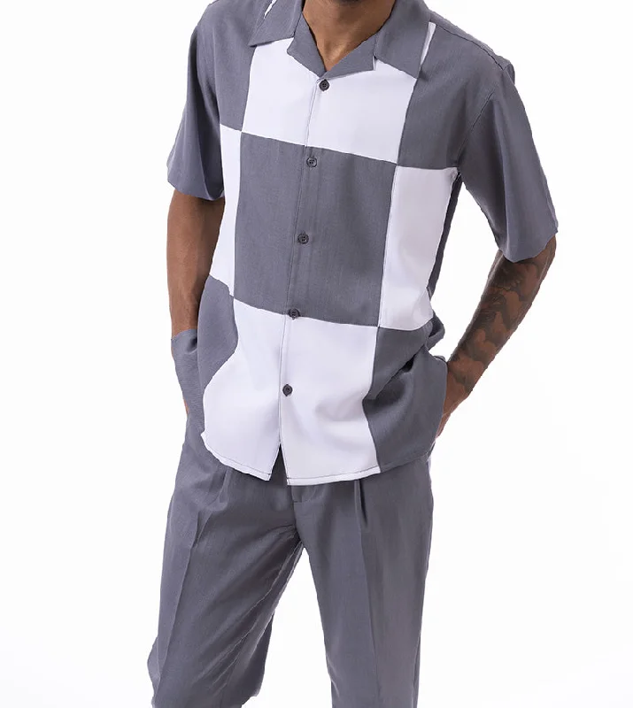 Gray Color Block Walking Suit 2 Piece Short Sleeve Set