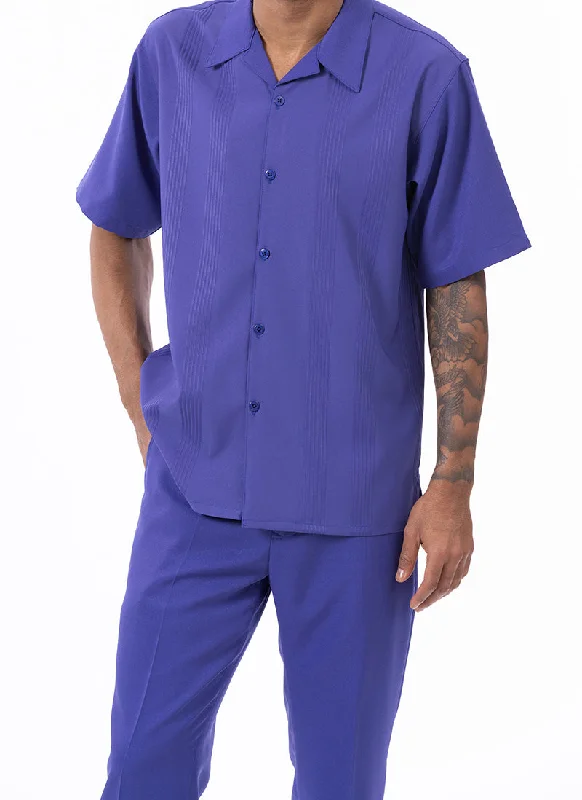 Purple Tone on Tone Vertical Stripes Walking Suit 2 Piece Short Sleeve Set