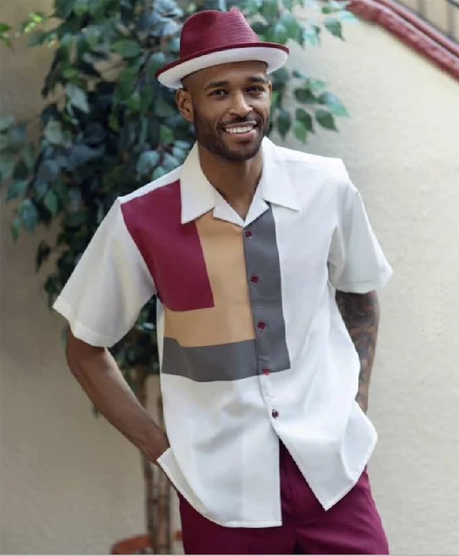 Burgundy Geometric Design Walking Suit 2 Piece Short Sleeve Set