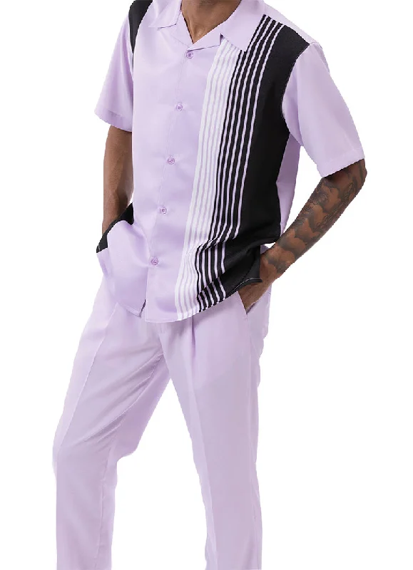 Lavender Vertical Stripe Design Walking Suit 2 Piece Short Sleeve Set