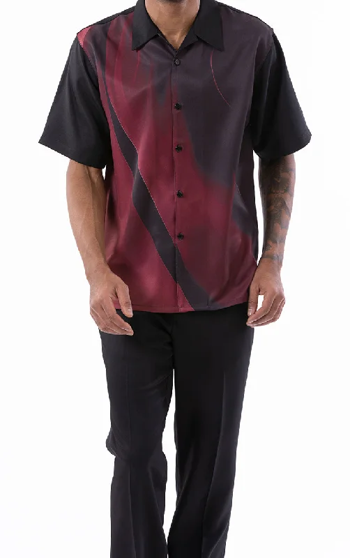 Burgundy Art Design Walking Suit 2 Piece Short Sleeve Set