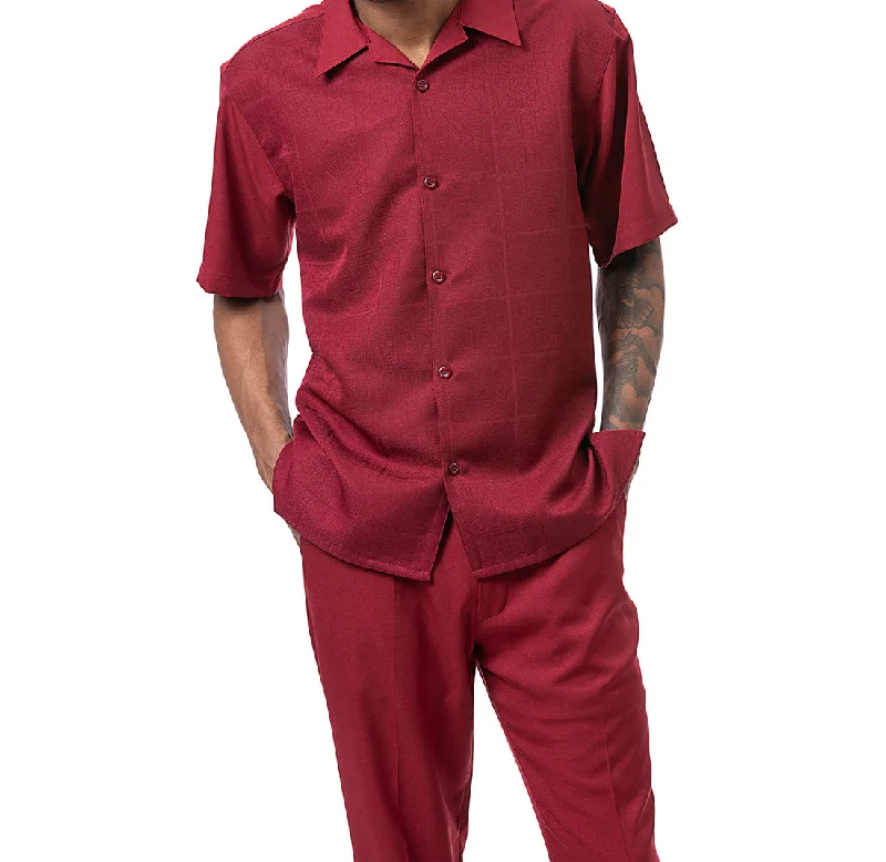 Burgundy Tone-on-tone Windowpane Walking Suit 2 Piece Short Sleeve Set