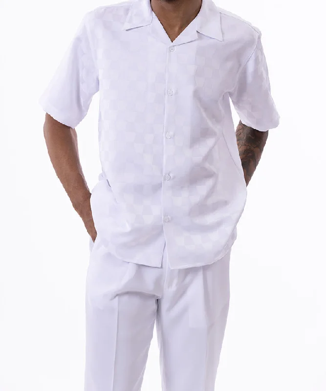 (XL/38) White Tone on Tone Check Walking Suit 2 Piece Short Sleeve Set