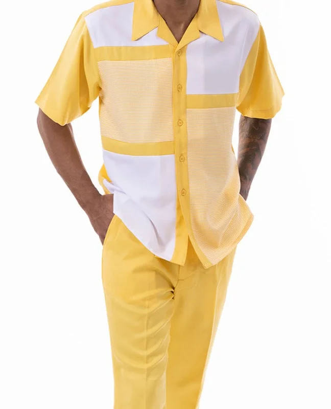 Canary Yellow Color Block Walking Suit 2 Piece Short Sleeve Set