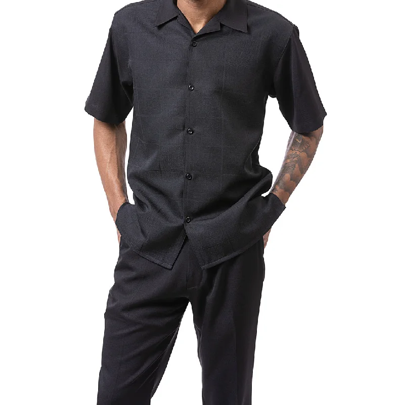 Black Tone-on-tone Windowpane Walking Suit 2 Piece Short Sleeve Set