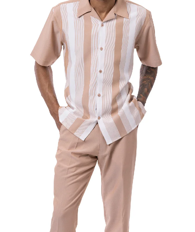 Beige Vertical Stripes Walking Suit 2 Piece Short Sleeve Set