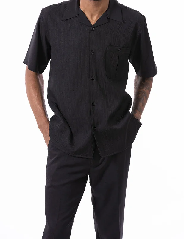 Black Tone on Tone Striped Walking Suit 2 Piece Short Sleeve Set