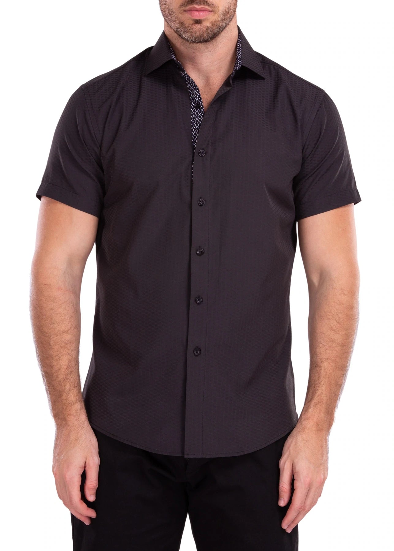 BeSpoke Collection Men's Black Cotton Printed Button Down Short Sleeve Shirt