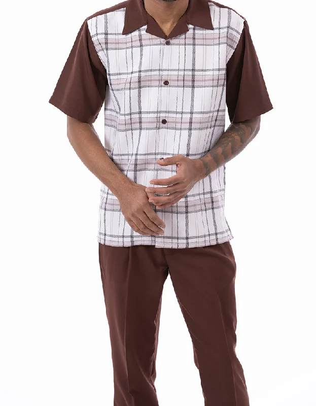 Brown Plaid Walking Suit 2 Piece Short Sleeve Set