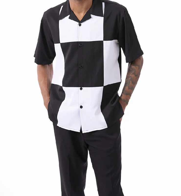 Black Color Block Walking Suit 2 Piece Short Sleeve Set