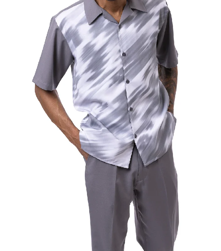 Gray Abstract Print Walking Suit 2 Piece Short Sleeve Set