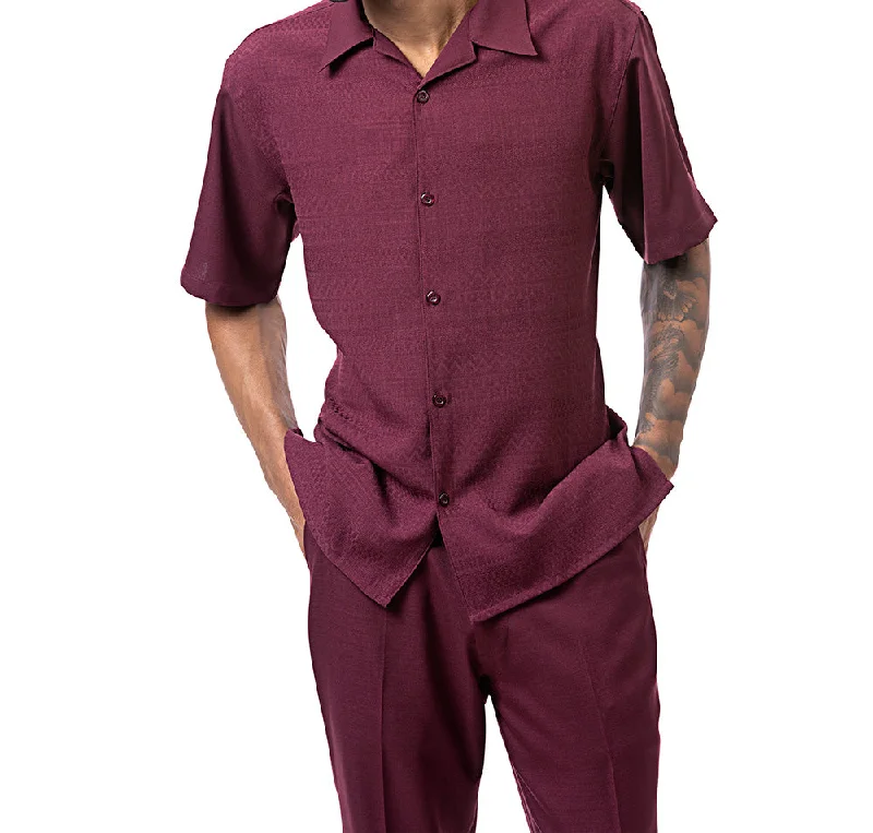 Wine Tone on Tone Detailed Design Walking Suit 2 Piece Short Sleeve Set