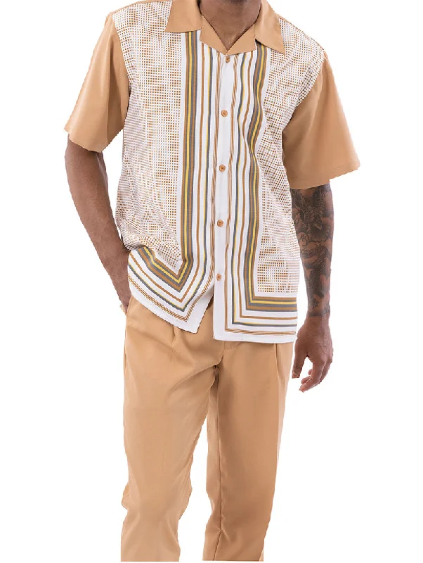 Cognac Symmetry Pattern Walking Suit 2 Piece Short Sleeve Set