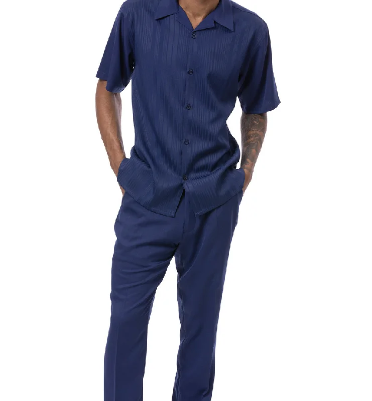 Navy Tone-on-tone Vertical Striped Walking Suit 2 Piece Short Sleeve Set