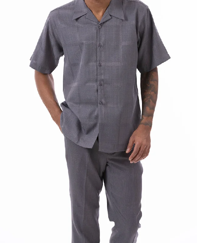 (L, XL) Gray Tone on Tone Windowpane Walking Suit 2 Piece Short Sleeve Set