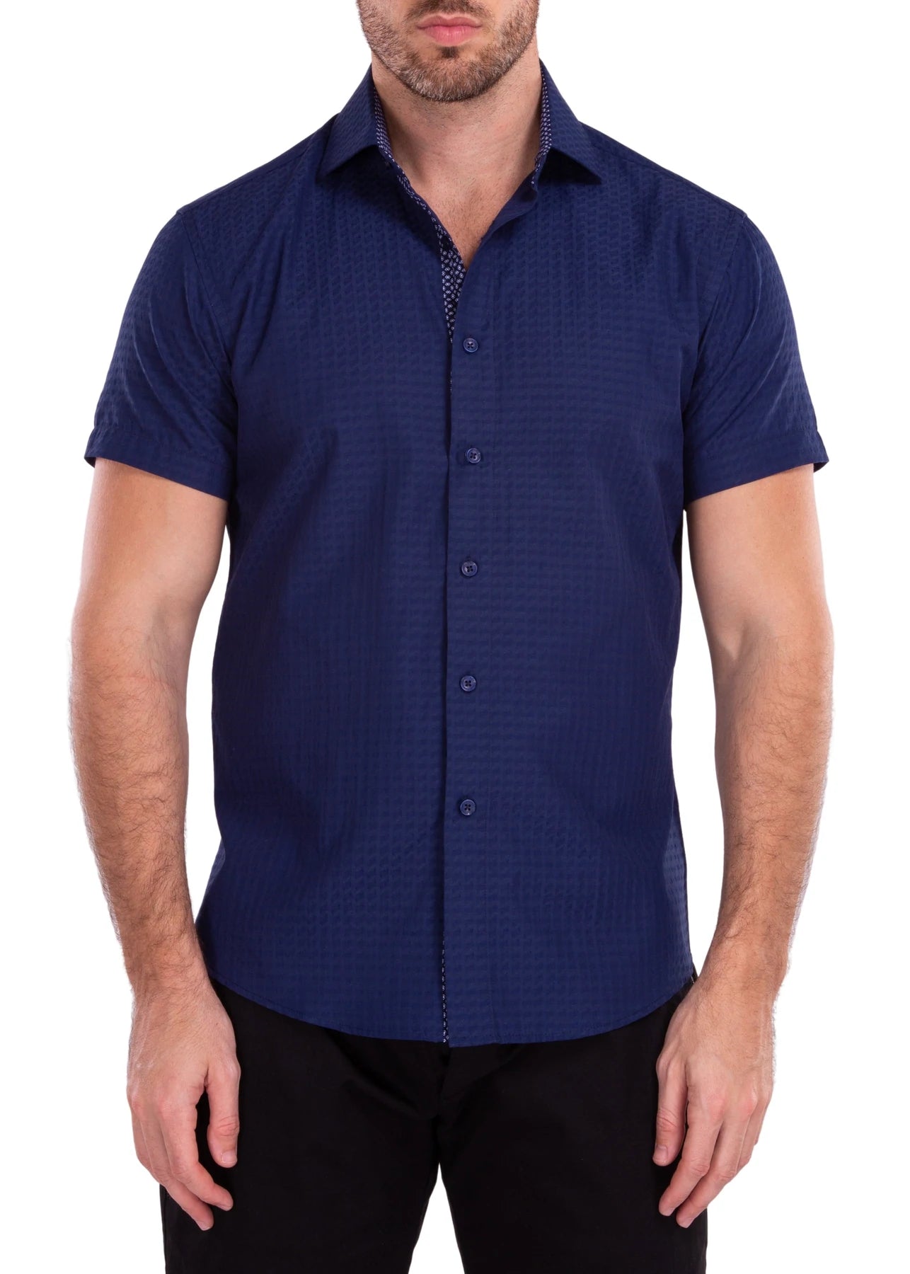 BeSpoke Collection Men's Navy Cotton Printed Button Down Short Sleeve Shirt