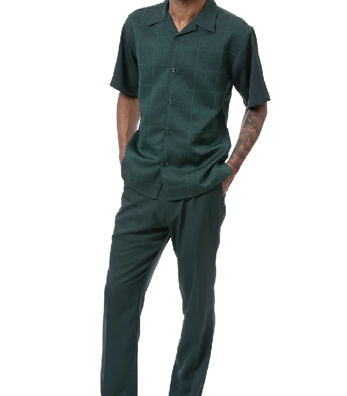 Emerald Tone-on-tone Windowpane Walking Suit 2 Piece Short Sleeve Set