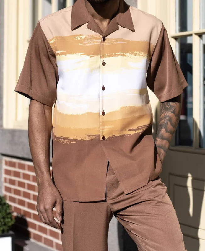 Cinnamon Brush Paint Print Men's 2 Piece Walking Suit Summer Short Sleeves