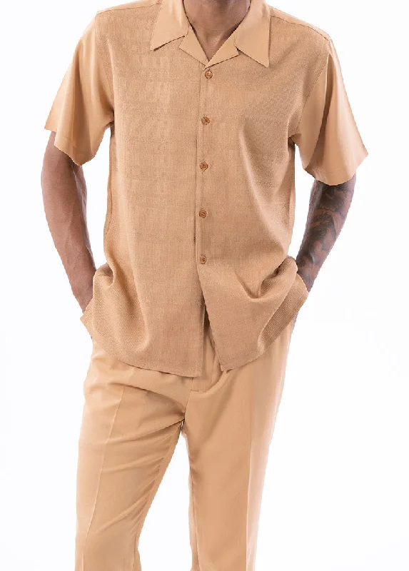 Tan Weave Pattern Walking Suit 2 Piece Short Sleeve Set