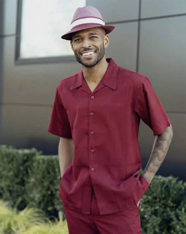 Burgundy Tone on Tone Windowpane Walking Suit 2 Piece Short Sleeve Set