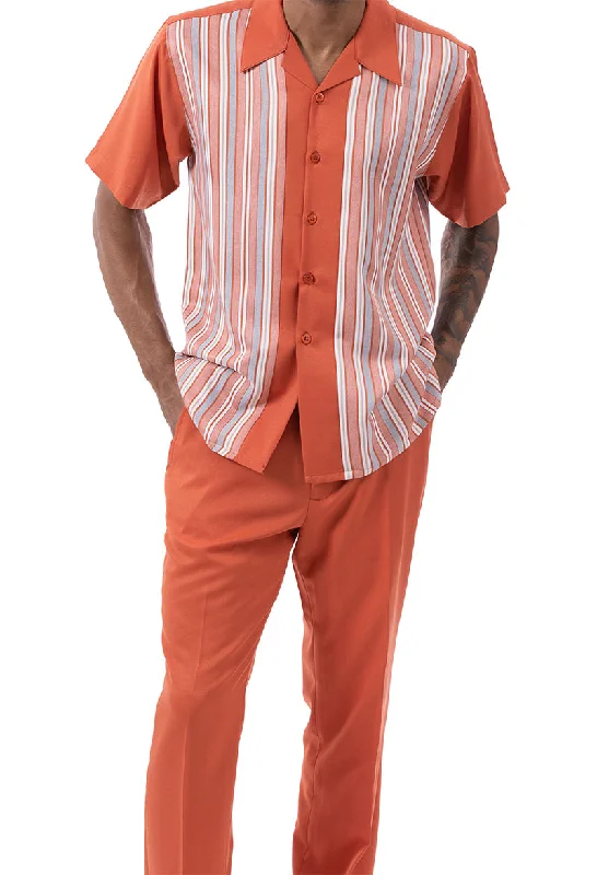 Papaya Tone on Tone Stripes Walking Suit 2 Piece Short Sleeve Set