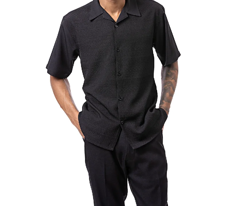 Black Tone on Tone Detailed Design Walking Suit 2 Piece Short Sleeve Set