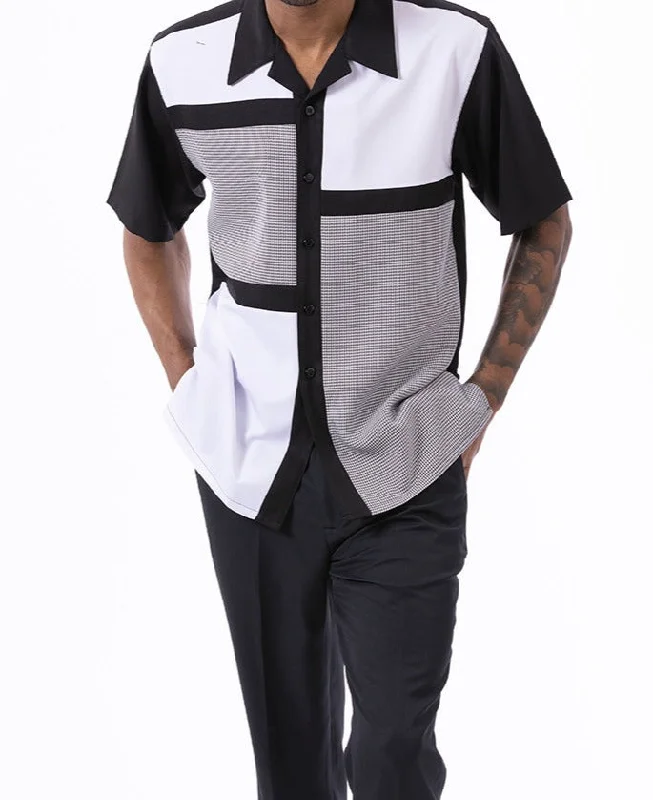 Black Color Block Walking Suit 2 Piece Short Sleeve Set