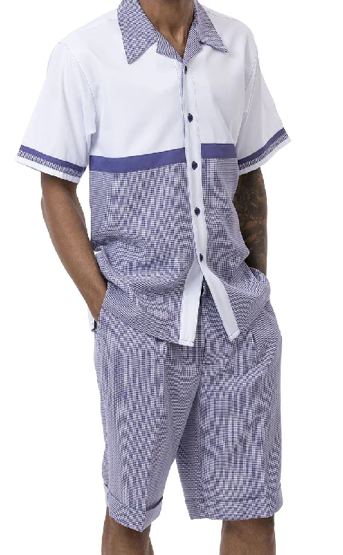 Purple 2 Piece Short Sleeve Walking Suit Set Horizontal Color Block with Shorts