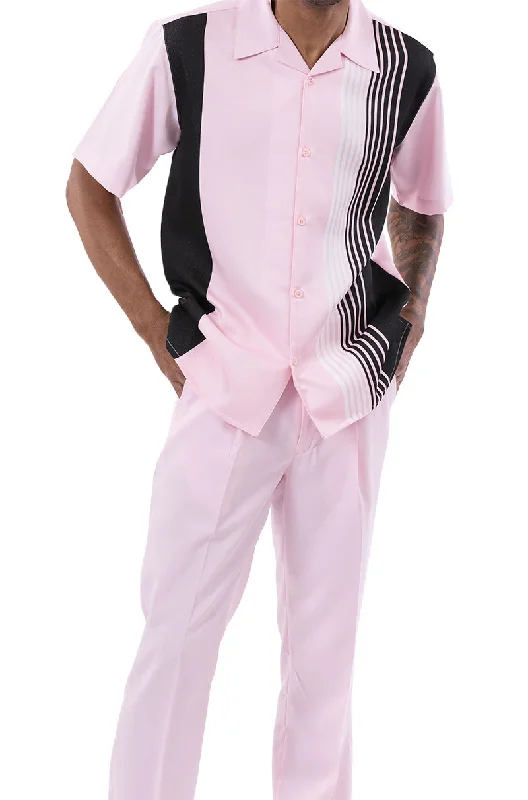 Pink Vertical Stripe Design Walking Suit 2 Piece Short Sleeve Set