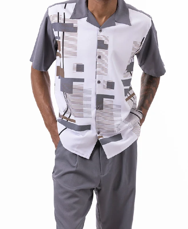 Gray Line Pattern Walking Suit 2 Piece Short Sleeve Set