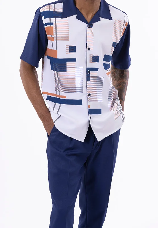 Navy Line Pattern Walking Suit 2 Piece Short Sleeve Set