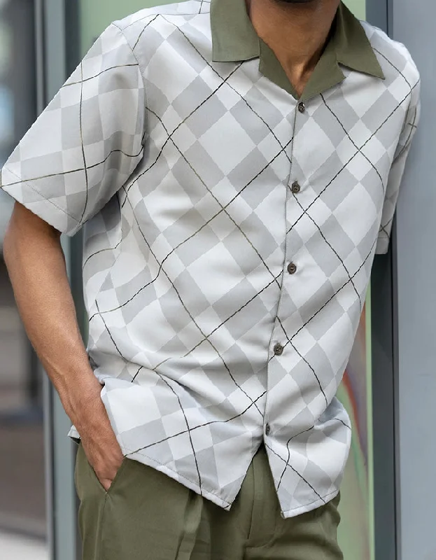 Olive 2 Piece Short Sleeve Men's Summer Walking Suit Argyle Pattern