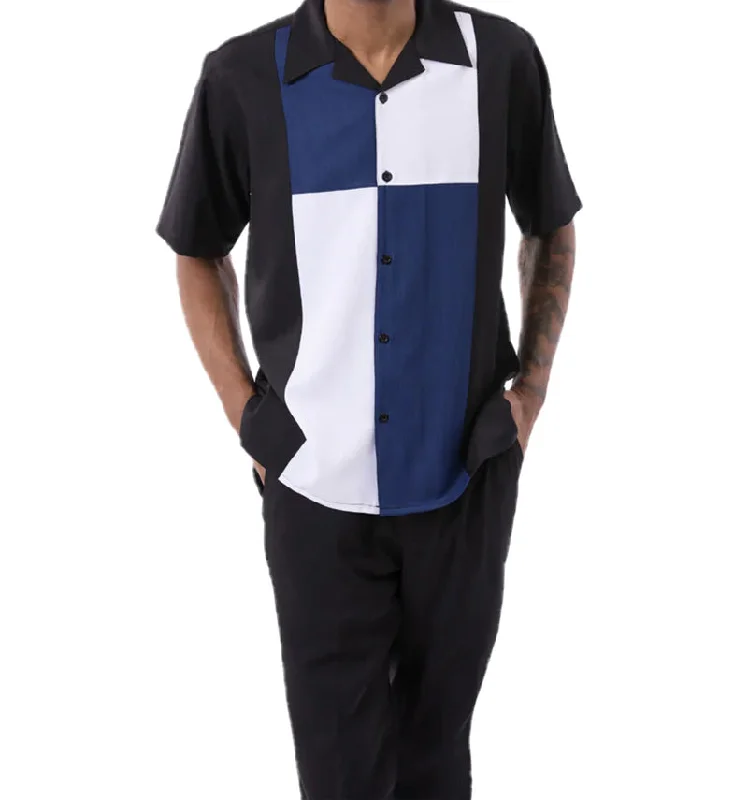 Navy Color Block Walking Suit 2 Piece Short Sleeve Set