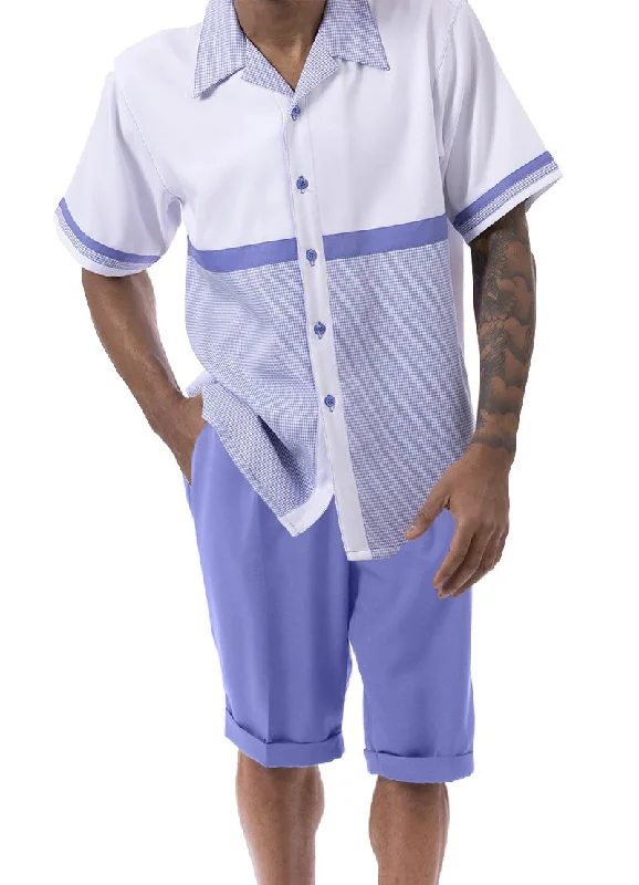 Lavender Houndstooth Color Block Walking Suit 2 Piece Short Sleeve Set with Shorts